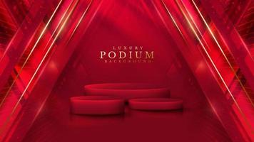 Red product display podium with golden line elements and light effect decoration. Luxury background. vector