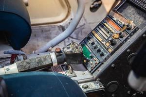 Closeup of retro aviation, aircraft control panel dashboard. photo