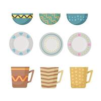 Vector set of ceramic pasuda with patterns - cups, plates, bowls. Cartoon style.
