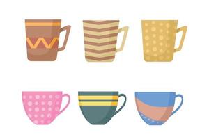 Vector set of ceramic cups with patterns. Cartoon style