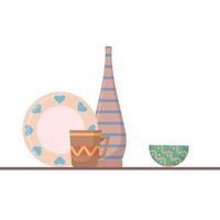 composición de cerámica pasuda - plato, jarrón, taza y tazón. ilustraciones vectoriales en estilo de dibujos animados vector