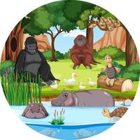 bosque en forma redonda con animales salvajes vector