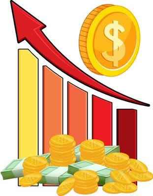 Red bar chart with pile of money