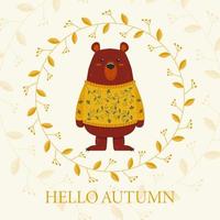 Cute Teddy Bear in a yellow Sweater with an Ornament Autumn Card Hello Autumn vector