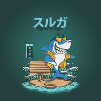 ilustración de playa carácter del logotipo de tiburón. gráficos vectoriales para estampados de camisetas y otros usos. vector