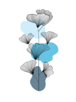 löv väggkonst. botanisk linjekonst med blå abstrakta former. minimalistisk stil. naturligt koncept. png