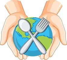 Spoon fork and earth globe in human hands vector