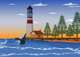 Lighthouse on the coast at dawn vector