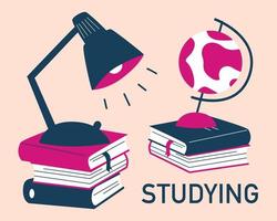 Back to school concept. Lamp on the books, globe on the books vector