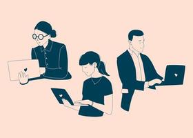 Set of line art people with laptops freelancers remote workers with computer vector