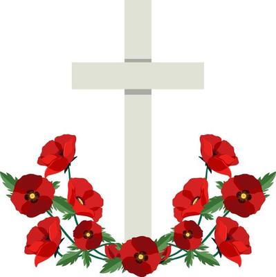 Poppy flowers on cross gravestone for remembrance day icon