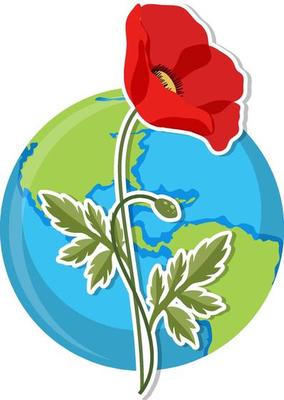 Poppy flower on globe icon isolated