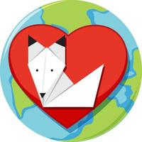 Heart and fox origami on globe white background vector