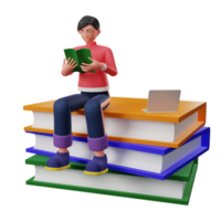 3D character read on 3D book transparent background png