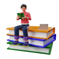 Personnage 3d lu sur fond transparent de livre 3d png