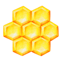 Bright yellow hexagonal honeycomb with honey, hand-drawn cartoon-style illustration on a white background png
