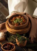 A vertical shot of a waitress presenting a meat stew photo