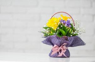 A beautiful composition with purple freesia and daffodils isolated on a white background photo