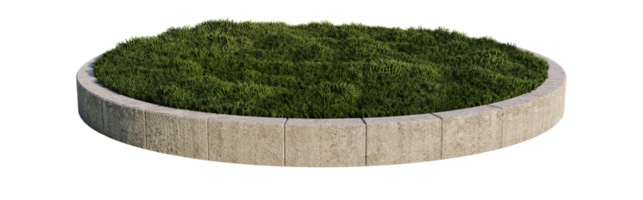 een 3D-renderingbeeld van bakstenen randen rond het grasveld