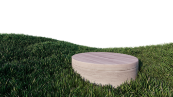 un'immagine di rendering 3d di un luogo di esposizione di prodotti in legno su erbe verdi archiviate png