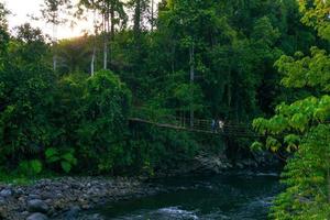 paisaje indonesio con un puente sobre el río con dos madres que van al jardín foto