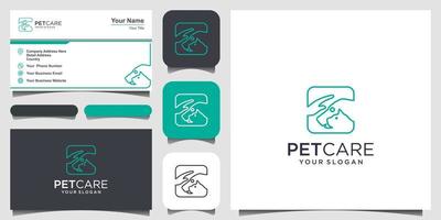 tienda de cuidado de mascotas perro y gato con plantilla de vector de icono de logotipo de mano. diseño de logotipo y tarjeta de visita