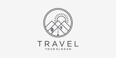 Mountain adventure line art style logo design. Flat line art travel logo template vector