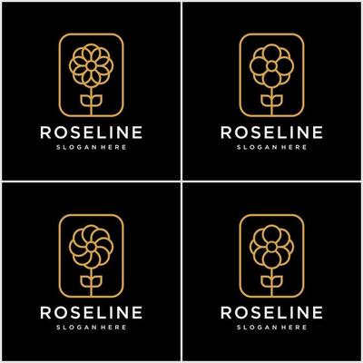 set of minimalist golden elegant Flower logo design with line art concept.