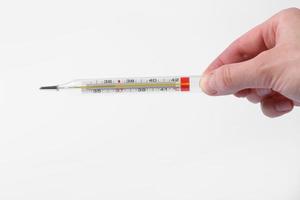 Thermometer in a woman hand isolated on white background. Temperature measuring by a thermometer. Fever measuring. selective focus photo