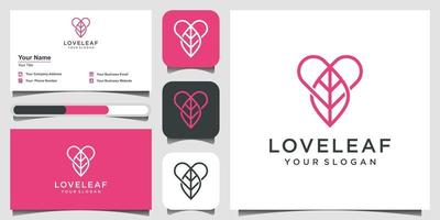 Heart and leaf sign. Love nature logo design with line art style.  logo design and business card Vector illustration.