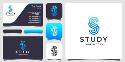 S Letter Pencil Alphabet with line art style logo design elements and business card design