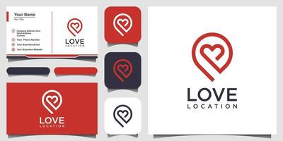 Creative love location logo with heart and map marker. Vector design template and business card design