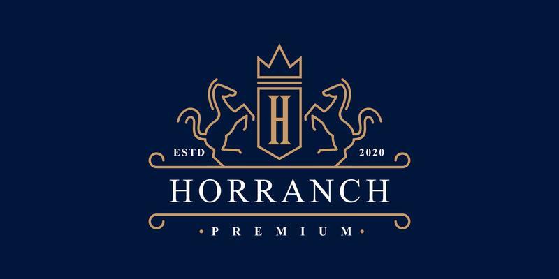Retro golden crest with shield and two horses. Can be used as logo, emblem or banner for luxury, royal or vintage design concept.