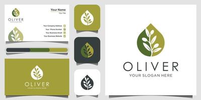 aceite de oliva o gota con concepto de diseño de logotipo de espacio negativo. diseño de logotipo, icono y tarjeta de visita vector