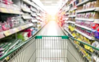 The background is blurred in the aisle of the supermarket shelves, inside the shopping cart there is a blank space to put the necessary products. photo