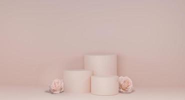 rosa pastel suave 3 etapas círculo podio de exhibición de productos cosméticos o de moda con imagen de representación 3d de rosa natural y realista. foto