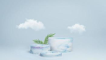 White blue magenta marble texture 3 stages product advertising circle podium display with natural green leaves and white clouds soft background color 3d render image. photo