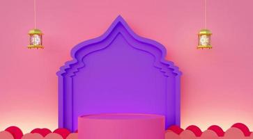 fondo de decoración islámica rosa arco de mezquita azul exhibición de producto rosa diseño de pedestal único diseño de círculo rojo en el piso lámpara de linterna colgante imagen de representación 3d foto
