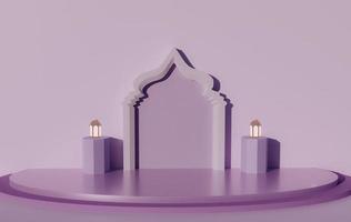 Purple color Islamic decoration background design big product display podium mosque arc on middle lantern stand two side 3d rendering image photo