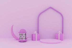 Purple Islamic product display podium with gift box, moon, lantern and arch with soft background greeting message 3d rendering image photo