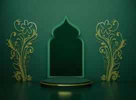 Green islamic soft color background decoration mosque arc on product display podium golden label on circle floral design two side 3d rendering image photo