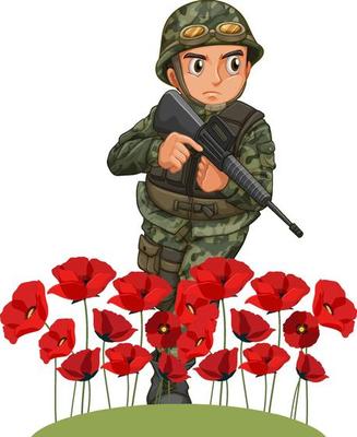 Military cartoon character with poppy flower