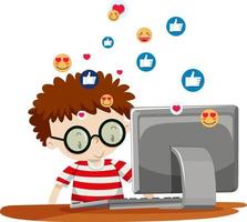 A nerdy boy using computer with social media icons vector