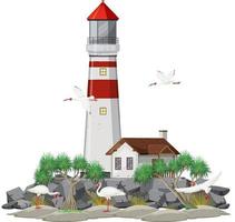 Isolated lighthouse tower and ibis group