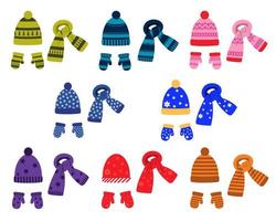 a set of winter colored hats, scarves and mittens with a pattern. vector isolated on a white background.