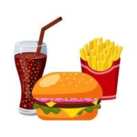 A set of fast food illustrations, burger, lemonade and French fries. Traditional takeaway food in a fast food chain cafe. Vector illustrations on a white background.