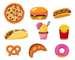 A set of fast food illustrations, pizza and tacos, burger, hot dog and fries. Traditional takeaway food in a fast food chain cafe. Vector illustrations on a white background.