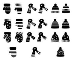 a set of winter colored hats, scarves and mittens with a pattern. vector isolated on a white background.