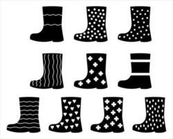 A set of silhouettes of rubber boots with different patterns. Vector isolated on a white background.