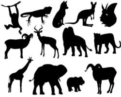 conjunto de siluetas de animales salvajes, zoológico. león, elefante, elefante bebé, jaguar, canguro, antílope, jirafa, mono, ardilla, zorro, cabra montés, vector de iguana, aislado en fondo blanco